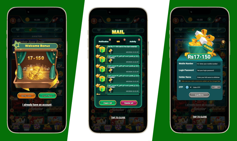PAK Arcade registration bonus — welcome bonus, mail rewards, and phone number binding screens